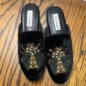 Steve Madden Black Velvet Embellished Mules beaded bug